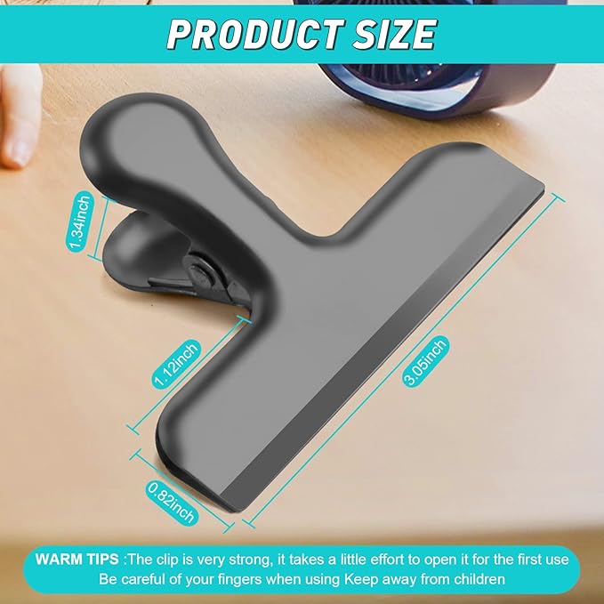 Funfery Stainless Steel Black Chip Clips 3" Bag Clips for Kitchen Storage,Food,Snacks,8 Pack Large Metal Clip for Food Packages,Chips,Paper and Home&Office