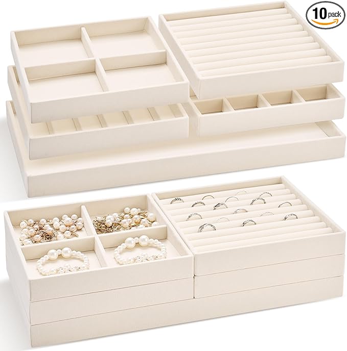 Set of 10 Stackable Jewelry Organizer Trays for Drawer 14 Inch Velvet Jewelry Drawer Insert Display Storage with Removable Divider for Necklace Earring Ring Watch Bracelet (Beige)