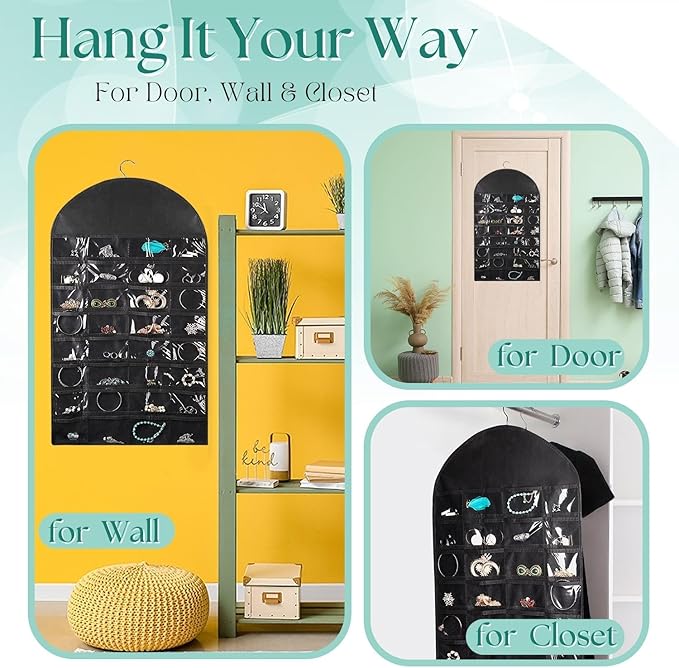 Flexzion Hanging Jewelry Organizer – (1 Pack) Black 32 Clear Pockets & 18 Hooks & Loops, Non-Woven Bag Dual Side Earring Storage Display Holder with for Necklace Bracelet Sunglasses