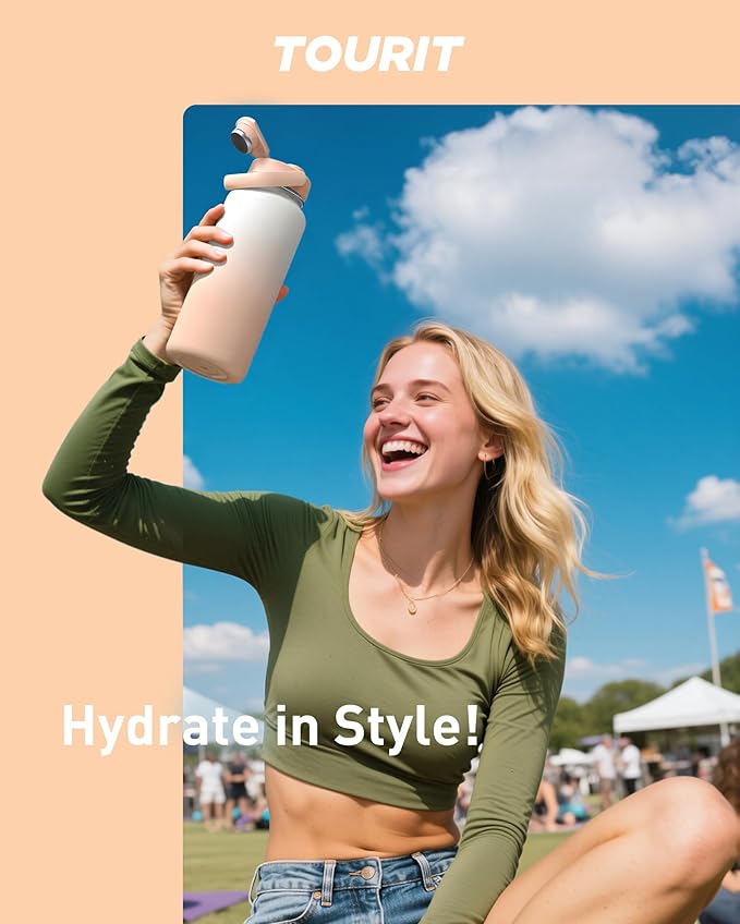 TOURIT 32 oz Insulated Water Bottle, Stainless Steel Sports Water Bottles With Top Handle, Double-Wall Travel Thermal Water Flask, BPA Free Leakproof Water Bottle for Sports and Travel,Khaki
