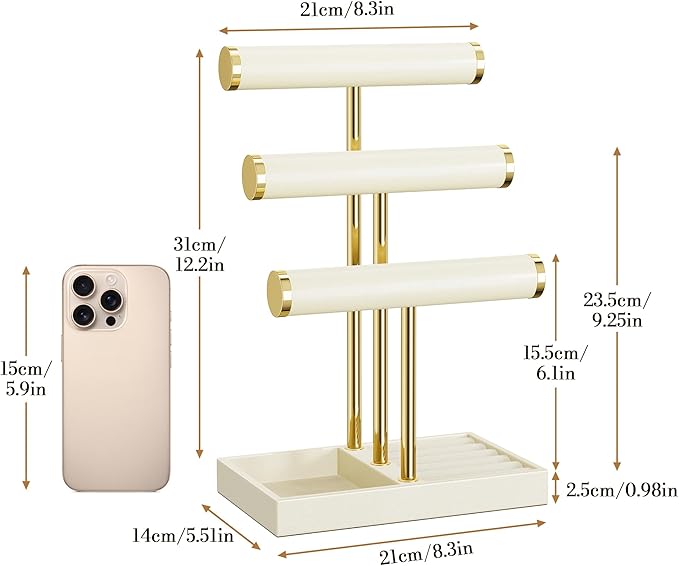 3 Tier Bracelet Holder Display - Beige Leather Bracelet Holder, Detachable T Bar Jewelry Holder Organizer for Bracelet, Necklace, Earrings, Rings, Watches, Bangle