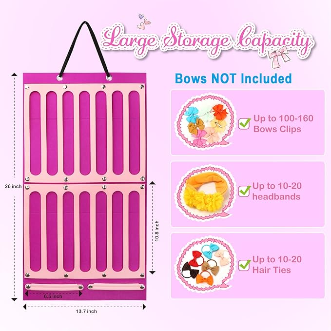 Vimiv Hair Bows Holder & Organizer w/Large Capacity, 16 Ribbons, Bows Organizer, Baby Hair Accessory Storage Display w/Sturdy Rope, Wall Hanging for Girl Room-Purple
