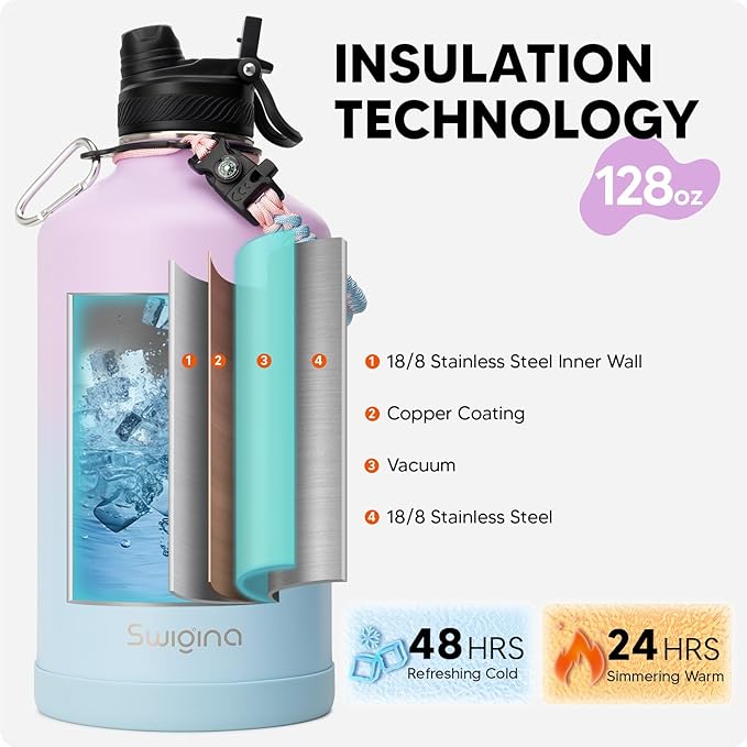 [2-IN-1 LID] Gallon Insulated Water Bottle with Silicone Boot (48hrs Cold/24hrs Hot) - DIY Stickers, Leakproof, BPA Free, 128 oz