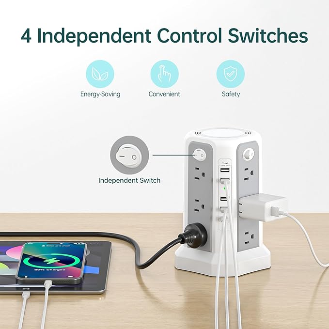 PASSUS Surge Protector Power Strip with USB C Port,10FT Extension Cord with 12 AC Outlets, Power Strips with Surge Protection for Home Office DormRoom