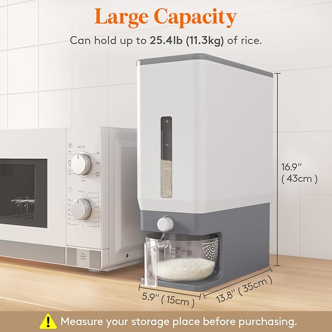 Lifewit Rice Dispenser 25 Lbs(11.3kg), Rice Storage Container Sealed Moisture Proof with Measuring Cup for Kitchen Pantry Household, BPA-Free, 1 Pack Grey