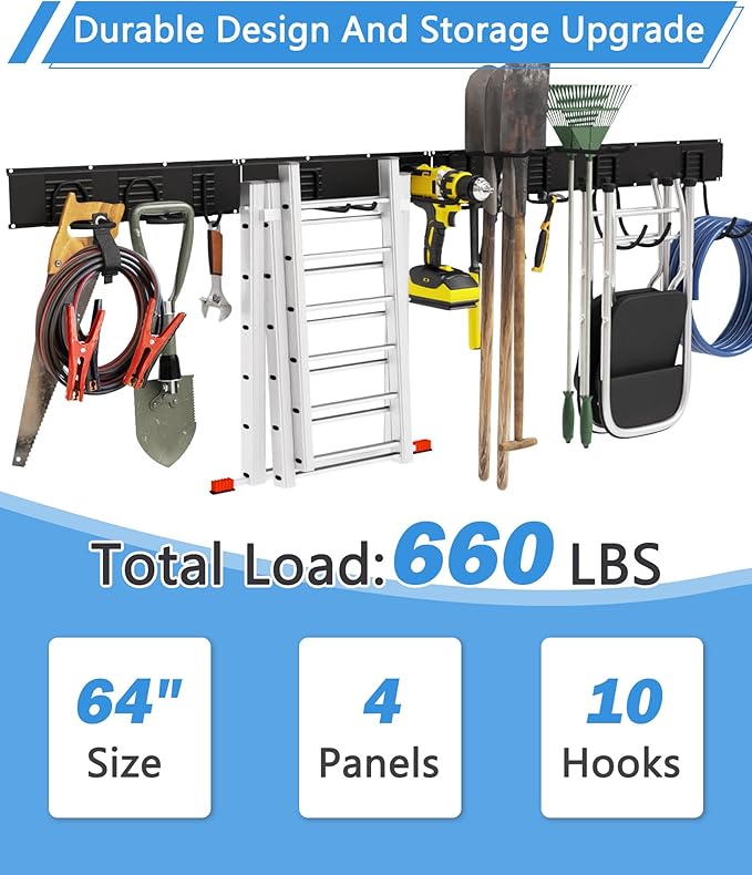 64" Heavy Duty Garage Tool Organizer Wall Mount with 10 Adjustable Metal Hooks, Storage Rack for Garage Organization, Garden Tools, Yard, and Shed Storage, Holds up to 660 lbs