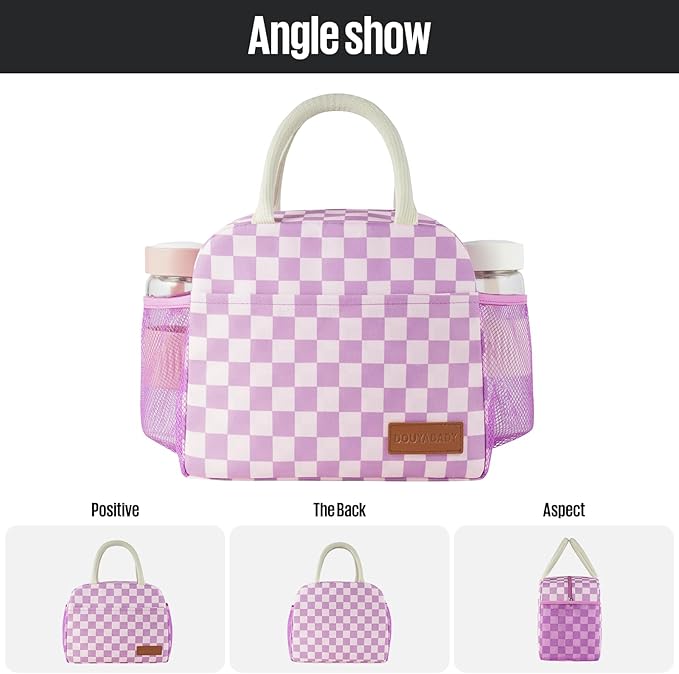 Lunch Bag Women/Men Lunch Box Women/Men (Purple+Pink Checkerboard)