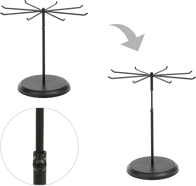 MyGift Black Metal Rotating Necklace and Bracelet Organizer Jewelry Stand with 8 Hooks and Adjustable Height, Multipurpose Accessory Keychain Holder Display Rack for Retail