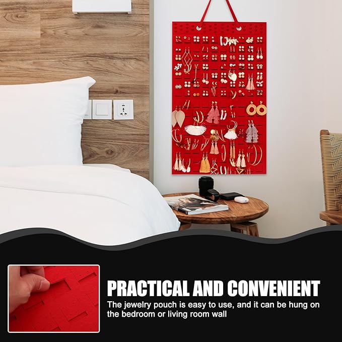 BESPORTBLE Hanging Earrings Organizer Jewelry Felt Storage Holder Thickened Red Wall-Mounted Jewelry Hanging Bag Accessory Organizer for Closet and Travel