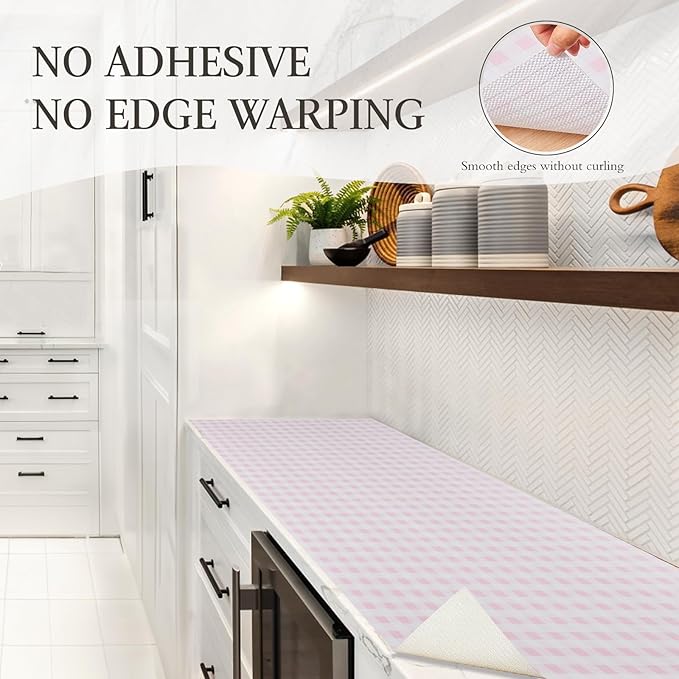 Beautysaid Shelf and Drawer Liner for Kitchen Cabinet, Non Adhesive Non Slip Shelf Paper Waterproof Washable Thickened for Dresser Pantry Shelve Bathroom Protector Liner(Pink Checkered,18 in x 10 FT)