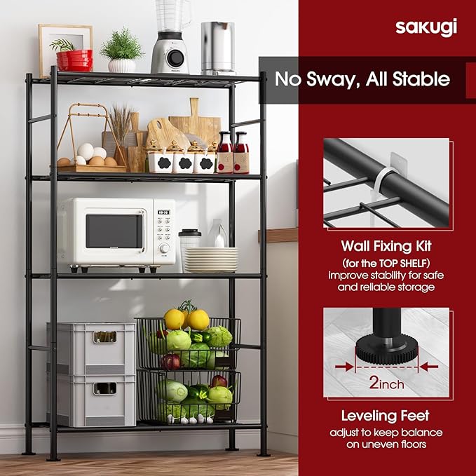 Storage Shelves - 4 Tier Shelf Organizer, Heavy Duty Garage Shelving Unit with Leveling Feet, Stable Metal Shelves Organizer for Pantry, Kitchen and Closet, 33.0" W x 12.6" D x 57.2" H, Black
