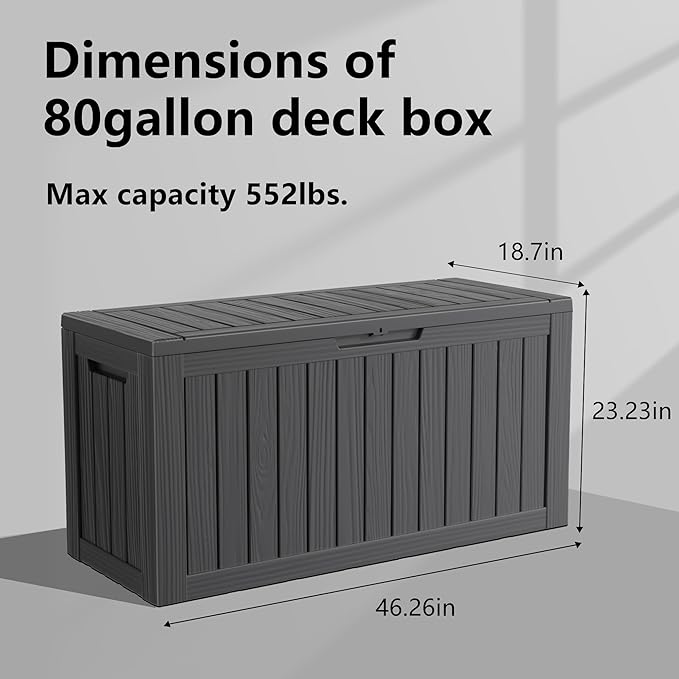 80 Gallon Resin Deck Box, Outdoor Waterproof Storage Containers, Lockable Patio Storage Box For Furniture, Gardening Storage With Lids (Black)
