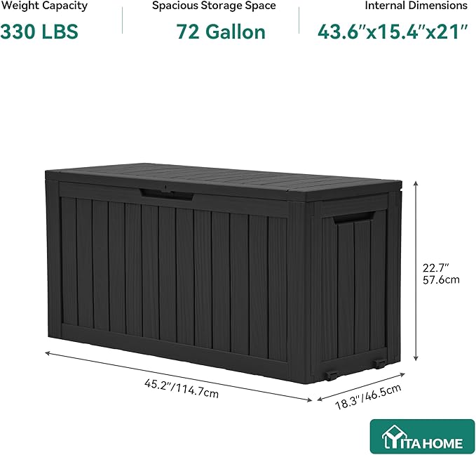 YITAHOME 72 Gallon Outdoor Storage Box w/Wheels, Resin Deck Box Indoor & Outdoor Patio Storage Box for Throw Pillows, Athletic Gear(Black)