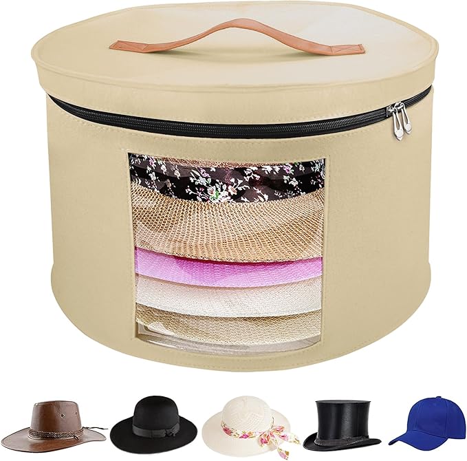 Large Hat Storage Box for Women & Men, 16" D x 10" H Hat Box Organizer，Foldable Round Travel Hat Boxes with Dustproof Lid, Stuffed Toy Storage Bin Bag (Milk Coffee)