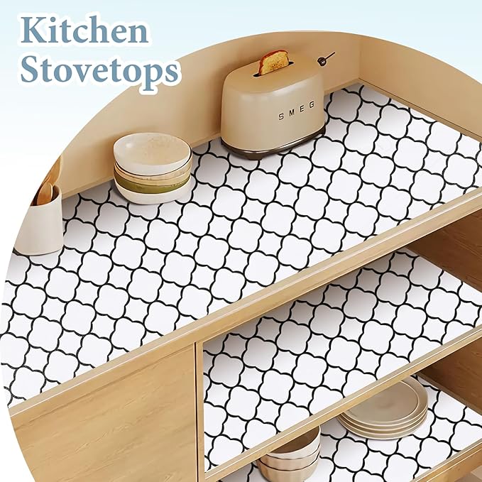 Shelf Drawer Liners for Kitchen Cabinets 17.3 x 354 Inches Non Adhesive Drawer Liner Thickened Refrigerator Liner Black Quatrefoil Strong Non-Slip Paper for Tool Box with Knife and Tape Measure