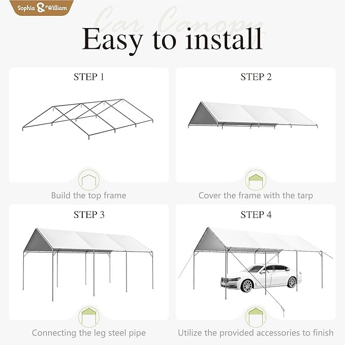 Carport Car Port Canopy 12x20 ft Heavy Duty, Portable Garage Shelter Logic Car Tents Carpas para Carros All Weather for Truck Boat, Galvanized Steel Frame Carports Height Adjustable White