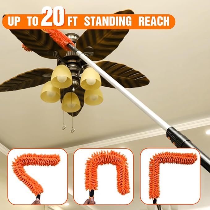 26FT High Reach Duster Cleaning Kit with Extension Pole, High Ceiling Fan Cleaner Duster Tool for Fan Blades, Window Washing Kit with Microfiber Feather Duster & Window Squeegee & Bucket