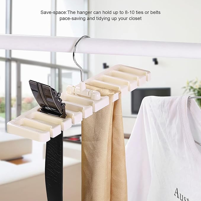 10 Slot Tie Belt Scarf Rack Organizer Sturdy Plastic Closet Wardrobe Space Saver Multifunctional Rotating Hanger for Ties Belts Scarves Accessories Black Brown Beige 30.5 x 7.3 x (Beige)