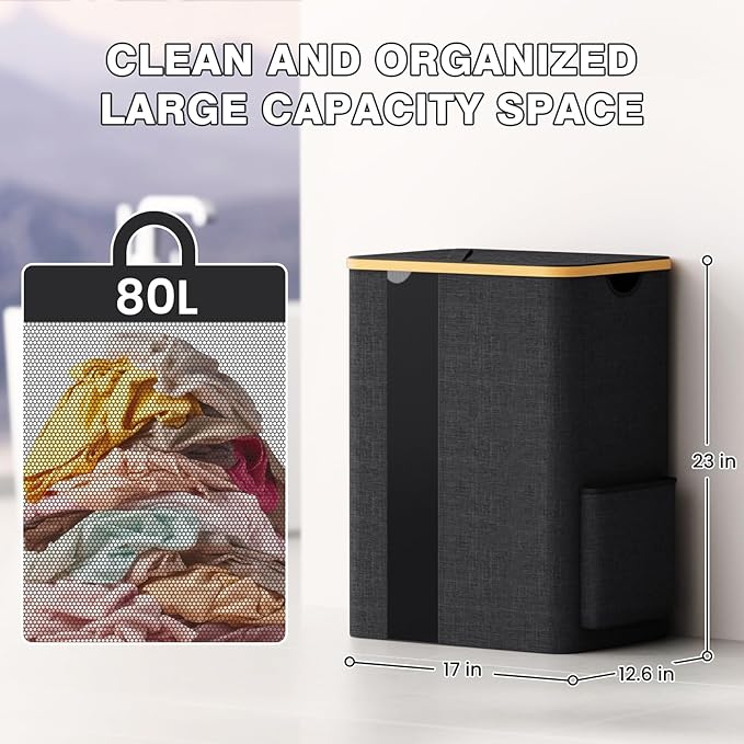 BlissTotes Laundry Basket with Lid, 80L Clothes Laundry Hamper with Handles and Removable Laundry Bag, Breathable Design Hamper with Lid for Bedroom, Bathroom, Dorm, Laundry Room - Dark Grey