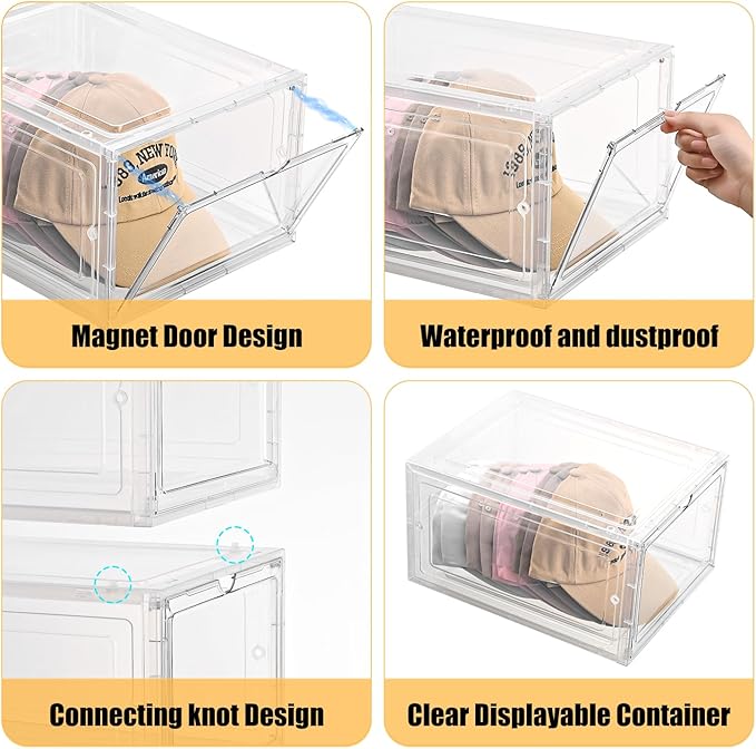 Hat Organizer Box,Stackable Clear Baseball Caps Holder Box Containers with Magnetic Door for Hats Snapback Cap Storage,Clear Hat Storage with Magnetic Door, Holds 20 Hats(clear, 2 pack)