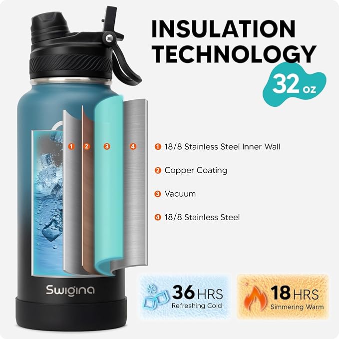 [2-IN-1 LID] Insulated Water Bottle with Silicone Boot (36hrs Cold/18hrs Hot) - DIY Stickers, Leakproof, BPA Free, 32 oz