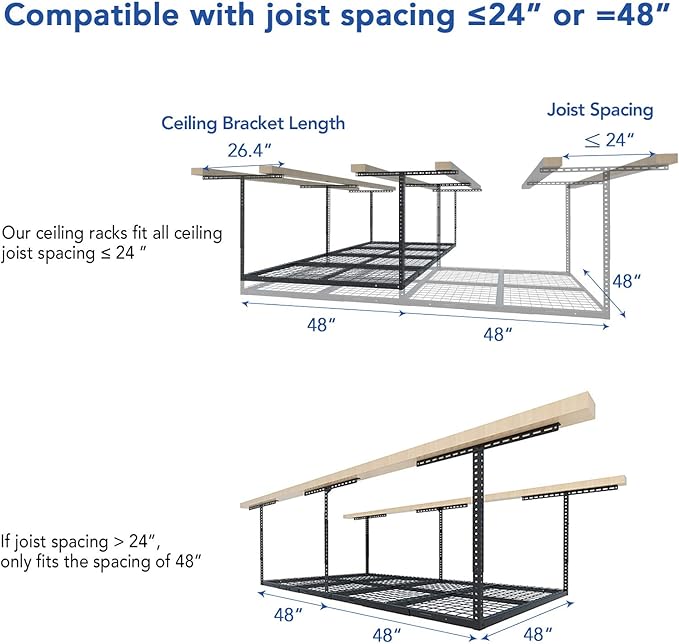 FLEXIMOUNTS 4x8 Overhead Garage Storage Rack, Adjustable Organization System, Heavy-Duty Metal Ceiling Racks, 750lbs Weight Capacity, Hammertone, Classic Series