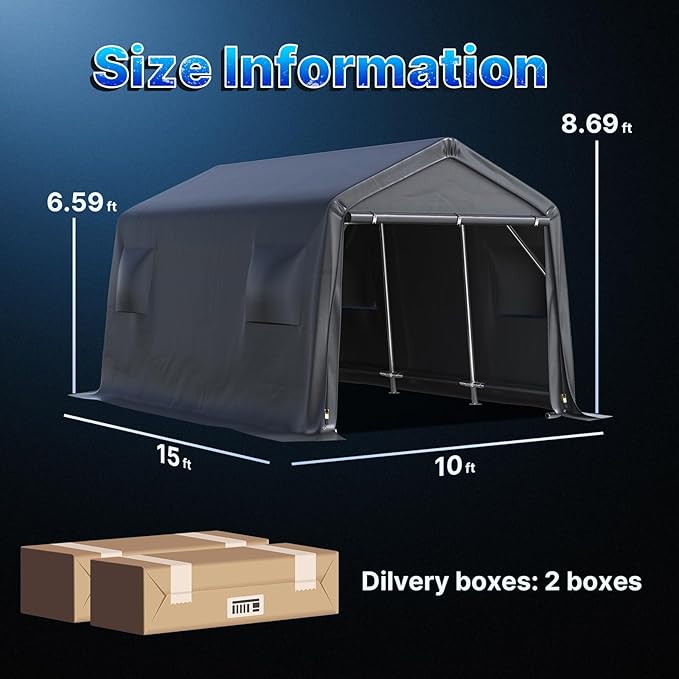 ADVANCE OUTDOOR 10x15 ft Shelter Storage Shed Steel Metal Peak Roof Portable Garage Carport for Motorcycle, Boat or Garden Tools with 2 Roll up Doors & Vents, Gray