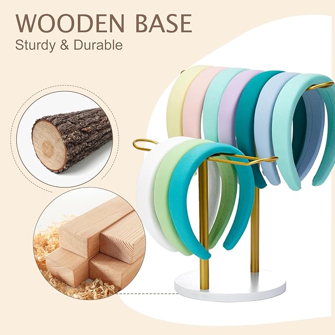 MoyRetty Headband Holder(Wooden Base), 2-Tier Metal Organizer Hair Hoop Display Stand Storage Hair Ropes Bow Accessories Bracelets Bangles Bedroom College Dorm Decor for Girls Women-Gold