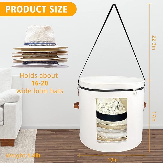 Large Hat Storage Box for Women & Men, 19" D x 17" H Oversized Hat Box Organizer，Foldable Round Travel Hat Boxes with Dustproof Lid, Stuffed Toy Storage Bin Bag (Off-white)