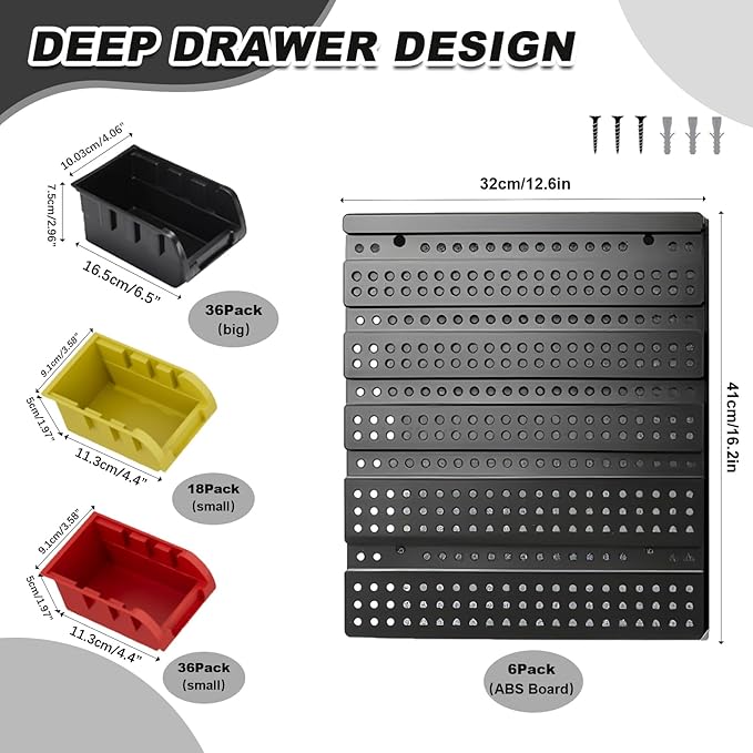 Wall Mounted Storage Bins - Plastic Adjustable Compartment Organizer for Screws, Nuts, Bolts & Tools | Heavy-Duty Home & Garage Organization | Closet, Bedroom, 90PCS (36R+36B+18Y)