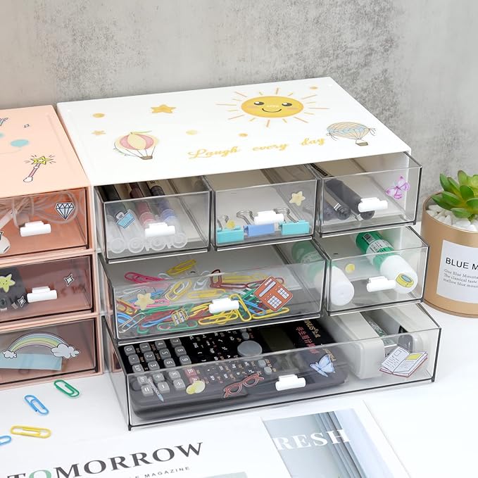 3 Tier Stackable Desk Organizer With 6 Drawers - Plastic Storage for Makeup and Desktop Organization (White)