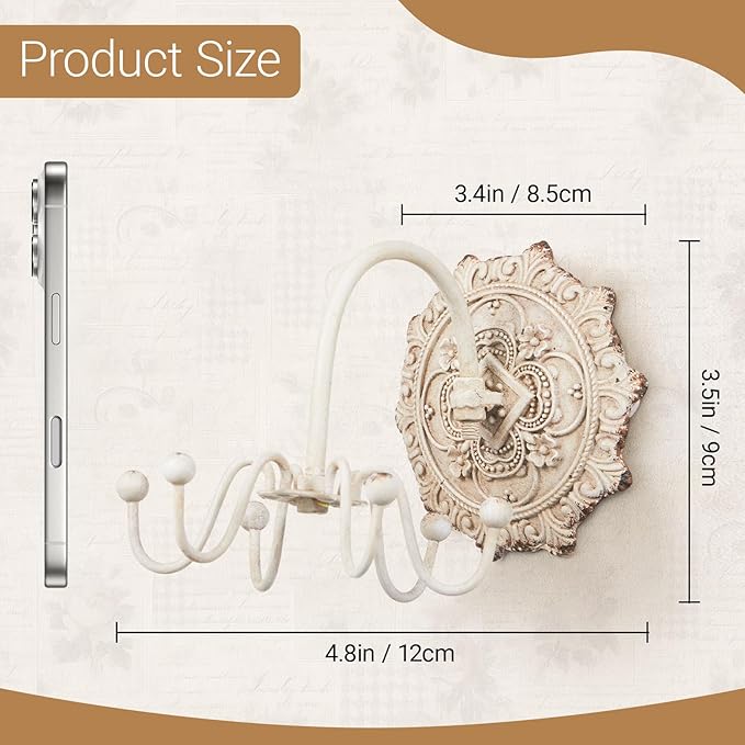 Tondiamo 1 Pcs Wall Mounted Jewelry Organizer Shabby Wall Decor Vintage Jewelry Organizer 6 Rotatable Hooks Include Screws for Women Necklace Bracelet Earring Hat Gift