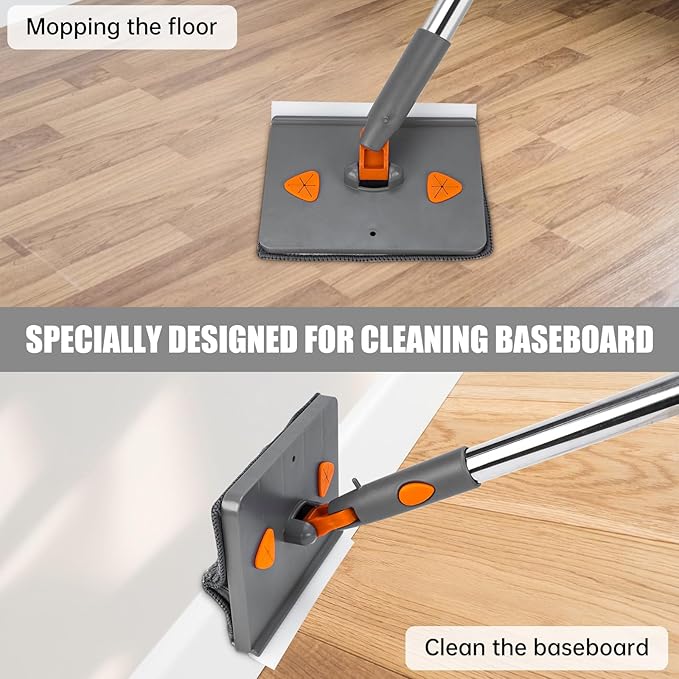 Baseboard Cleaner Tool with Handle, Folding Wall Mop with 86" Extension Pole, Swivel Wall Cleaner Mop with Squeegee, 8 Reusable Pads for Baseboard, Wall, Ceiling, Window, Floor, Furniture
