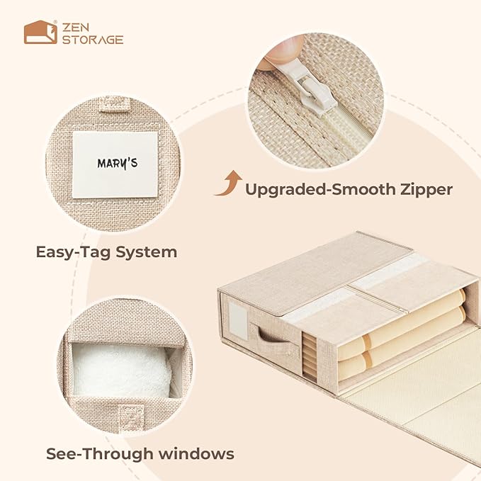 12Pack Sheet Organizers and Storage - King/Queen Size Sheet Storage Organizer with Window, Foldable & Dustproof Sheet Organizer for Linen Closet for Summer Blankets & Sheet Sets,Beige