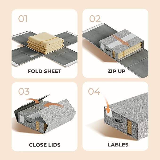 4Pack Sheet Organizers for Linen Closet - King/Queen Size Bedding Storage Boxes with Clear Window, Foldable & Dustproof Linen Organizer for Blankets & Sheet Sets,Grey