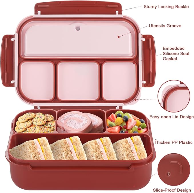 Bento Box Adult Lunch Box, Lunch Containers for Kids Girls Boys with 4 Compartments, Lunchable Food Container with Utensils, Sauce Jar, Muffin Liners, 40 Oz/5 Cup, Retro Red