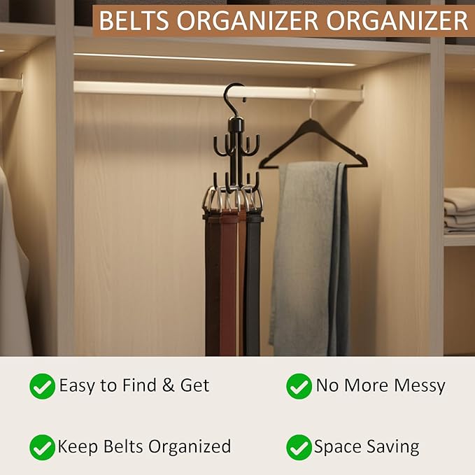6Pcs Belt Hanger, Hanging Belt Holder for Closet,Rotating Belt Hooks for Hanging, Plastic Tie Hanger for Closet for Scarf,Bra,Tie Organizer
