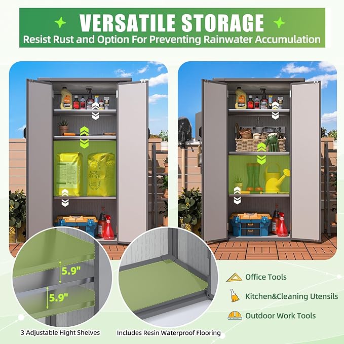 U-MAX Resin Outdoor Storage Cabinet Waterproof with Adjustable Shelves, Vertical Tall Plastic Storage Shed with Reinforced Floor, All Weather Sheds & Outdoor Storage Clearance with Base for Outside