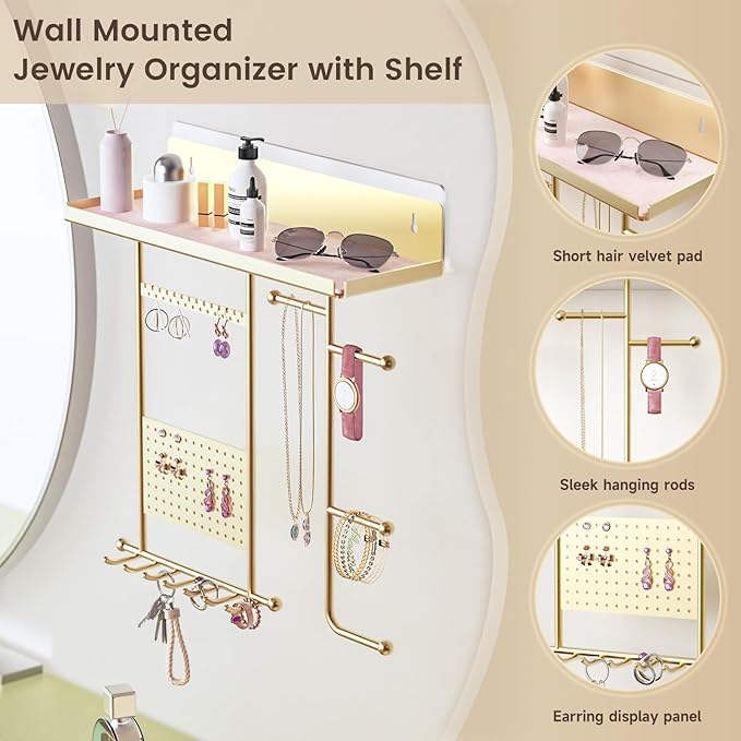 Wall Mounted Jewelry Organizer with Shelf: Metal Display Stand with Velvet Pad, Multi-Layer Necklace Hanging Rack for Bedroom Bathroom Space Saving No-Drill Wall Decor