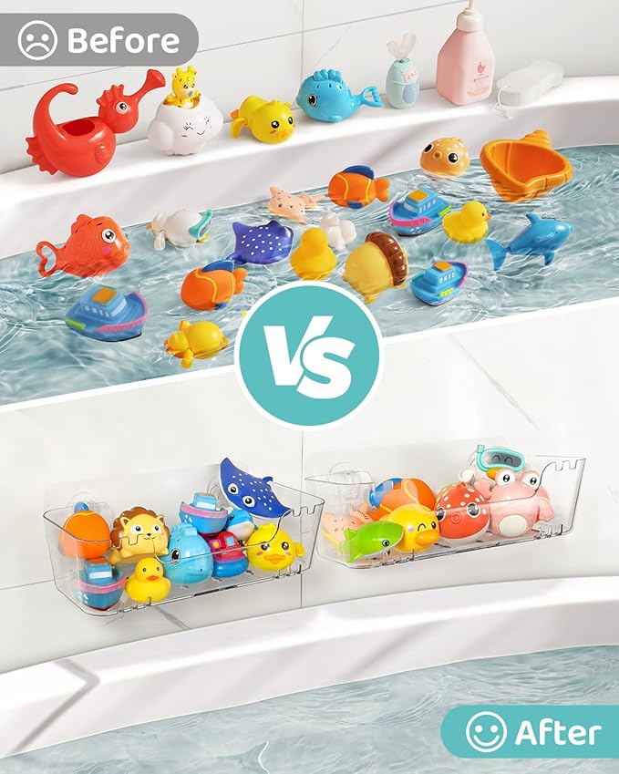 Bath Toy Storage Organizer 2+2 Pack, Transparent Bath Toy Holder with Drain Holes, Durable Plastic Bathtub Toy Storage for Bathroom, Quick-Dry Drainable Shower Caddy, Easy to Clean (Clear 2+2 Pack)