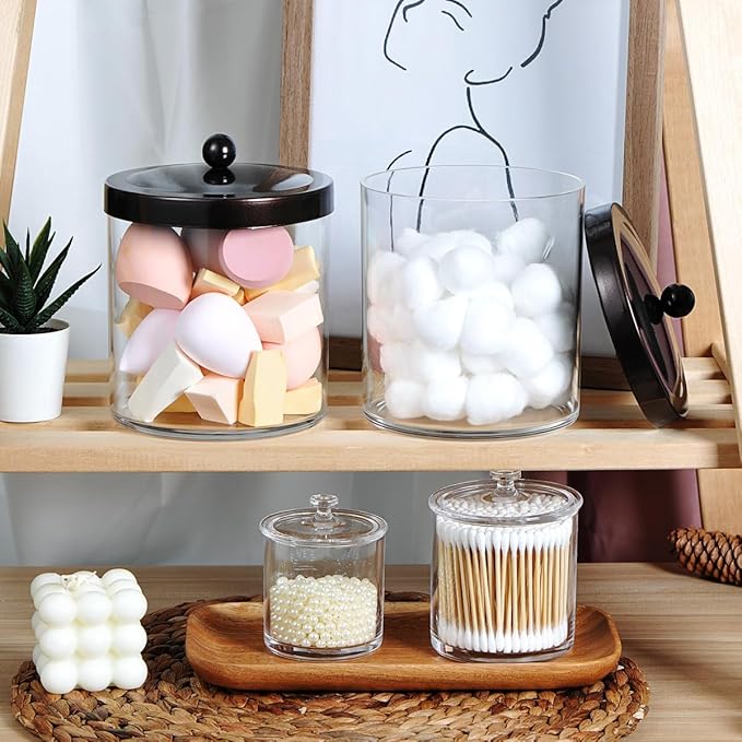 SheeChung 2-Pack Plastic Apothecary Jars with Bronze Metal Lids-25oz & 15oz Clear Acrylic Qtip Holder Set- Shatterproof Bathroom Vanity Organizer for Cotton Balls, Swabs-Modern Farmhouse Rustic Decor