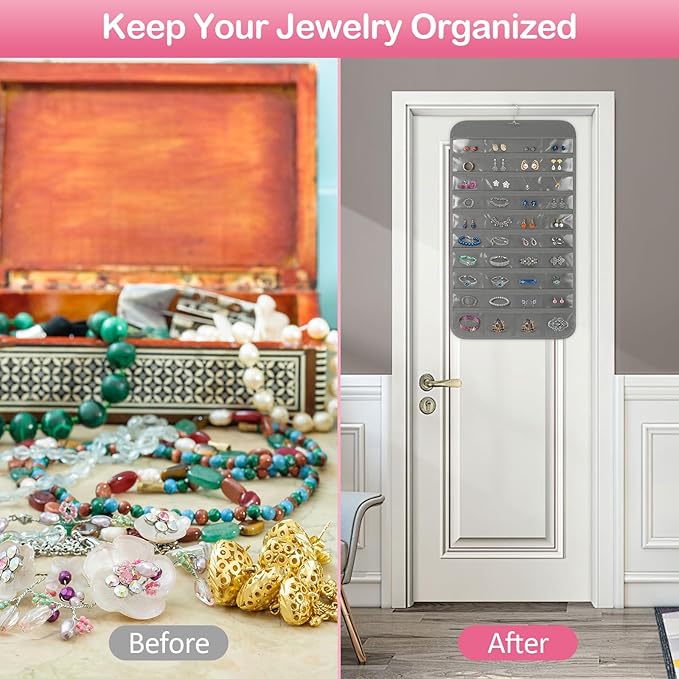 Hanging Jewelry Organizer for Closet with Swiveling Hanger, 17 x 30 In, 80 Clear Pockets Jewelry Organizer Hanging for Jewelries, Earrings, Accessories (Beige) (3, Gray)