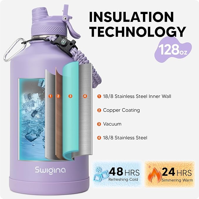 [2-IN-1 LID] Gallon Insulated Water Bottle with Silicone Boot (48hrs Cold/24hrs Hot) - DIY Stickers, Leakproof, BPA Free, 128 oz
