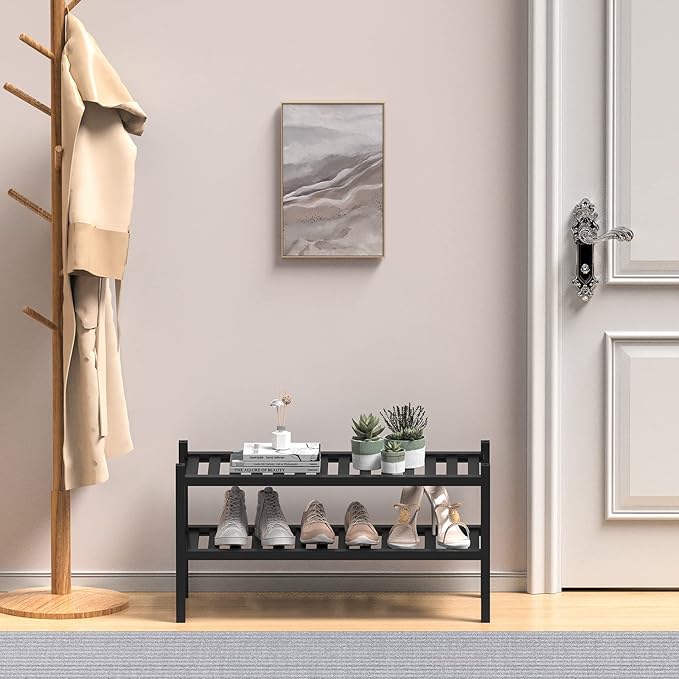 2 Tier (Thick) Bamboo Shoe Rack for Closet Free Standing Wood Shoe Shelf for Entryway Small Space Stackable 27"x12"x14" (Black)