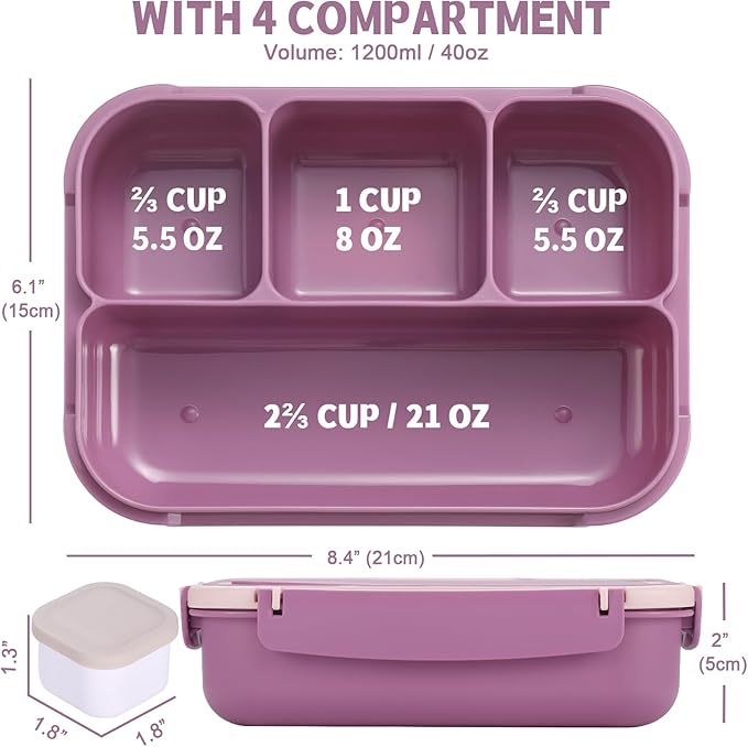Bento Box Adult Lunch Box, Lunch Containers for Kids Girls Boys with 4 Compartments, Lunchable Food Container with Utensils, Sauce Jar, Muffin Liners, 40 Oz/5 Cup, Dark Purple
