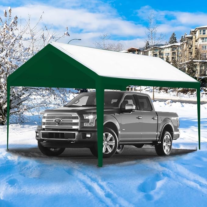 Rutile 10 x 20 FT Carport Replacement Cover, Heavy Duty Car Tarp Canopy Tent Garage Top Shelter with Fabric Leg Pole Skirts and Ball Bungees - Green (Only Top Cover, Frame Not Included)