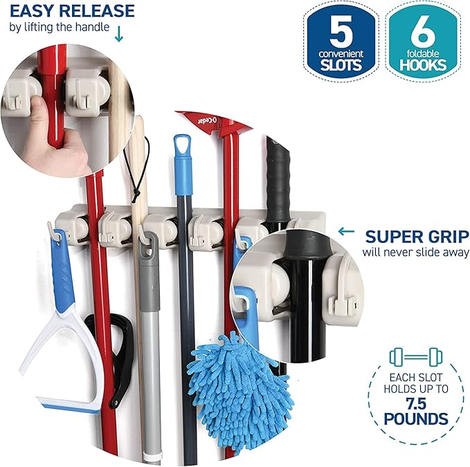 Mop and Broom Holder Wall Mount 2 Pack - Garage Storage Organizer with 5 Slots, 6 Hooks, 7.5lbs Capacity Per Slot - Home, Kitchen, Closet, Laundry Room Organization – Off-White Broom Hanger