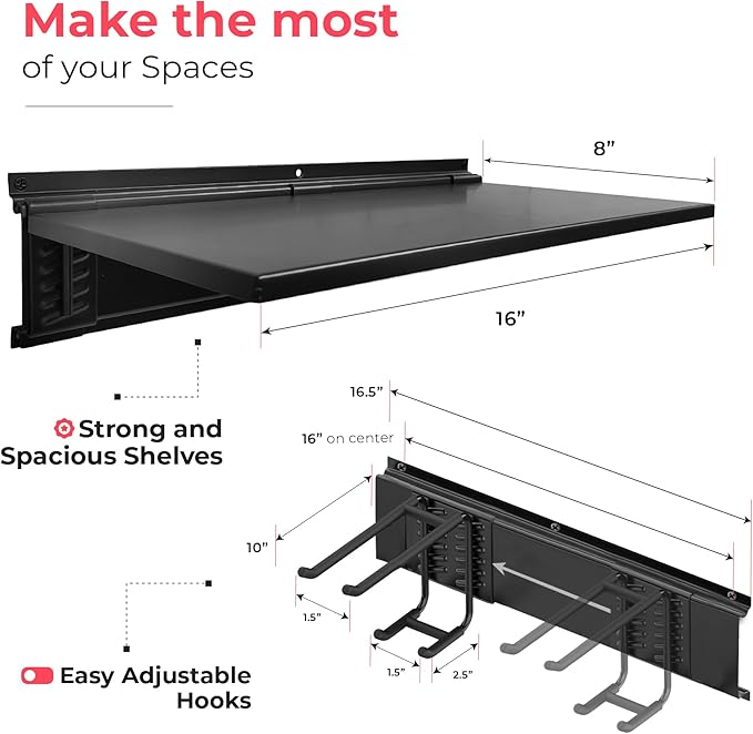 TIDYME Heavy-Duty Garage Wall Storage System | Wall Mounted Tool Organizer Rack with Shelving | 10-Piece Mounting Kit | Includes 4x10” Double-Layered Hooks & 2x16.5” Floating Utility Shelves