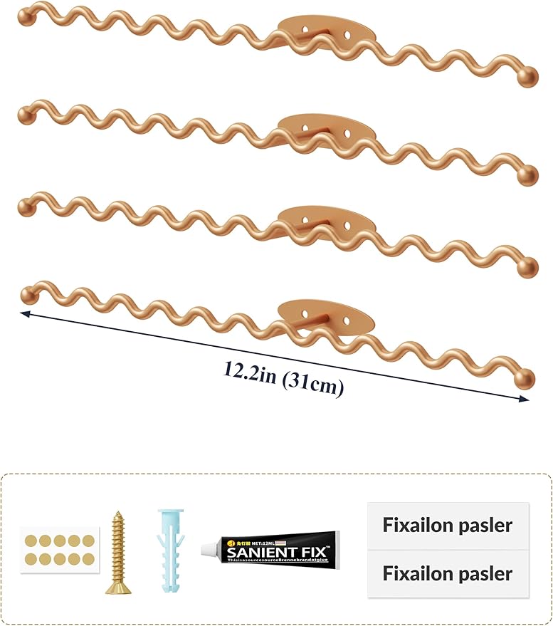 NiHome Wall Mounted Metal Jewelry Organizer Racks for Necklaces, Earrings, Bracelets, Rings, Decorative Display Wave Design Storage Holders for Bedroom, Bathroom, Kitchen, Entryway (4-Pack, Gold)