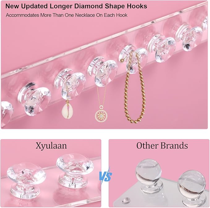 2Pcs Wall Necklace Holder for Women, Hanging Jewelry Organizer Wall Mount Crystal Holder Necklace Wall Hanger, Acrylic Bracelet Holder Organizer Jewelry Rack Adhesive Hooks Necklace Storage